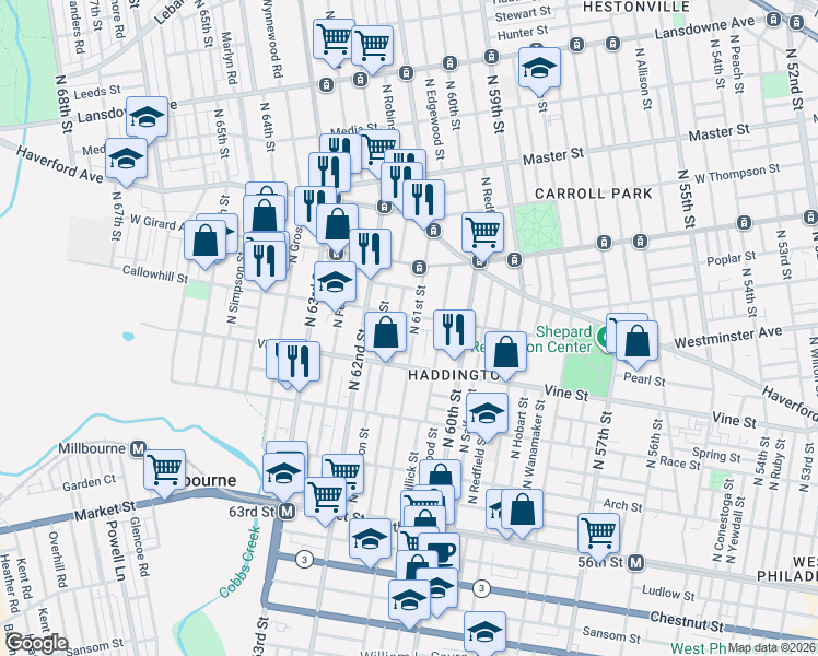 map of restaurants, bars, coffee shops, grocery stores, and more near 323 North 61st Street in Philadelphia