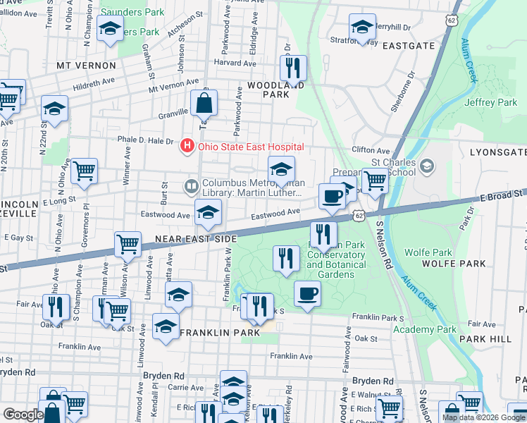 map of restaurants, bars, coffee shops, grocery stores, and more near 1640 East Broad Street in Columbus