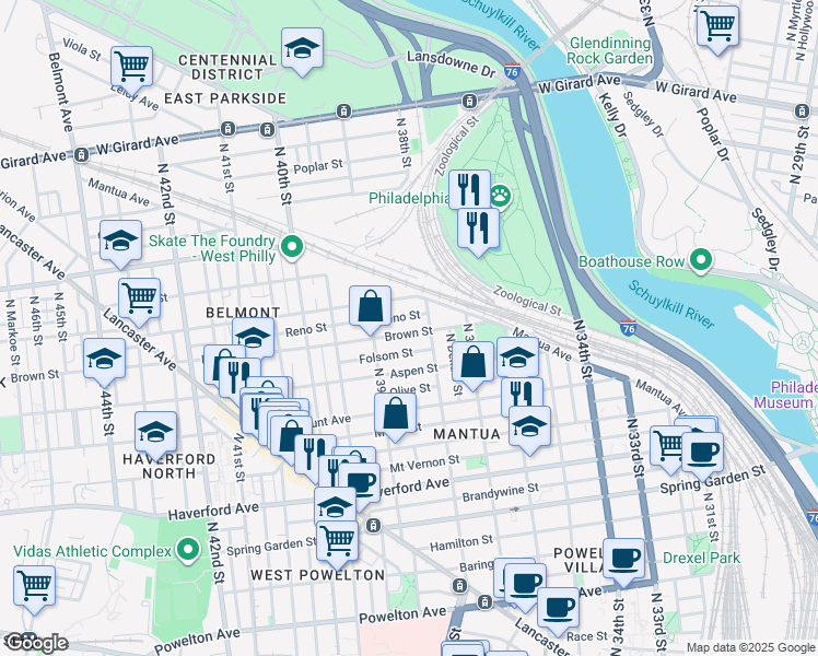 map of restaurants, bars, coffee shops, grocery stores, and more near 3815 Brown Street in Philadelphia