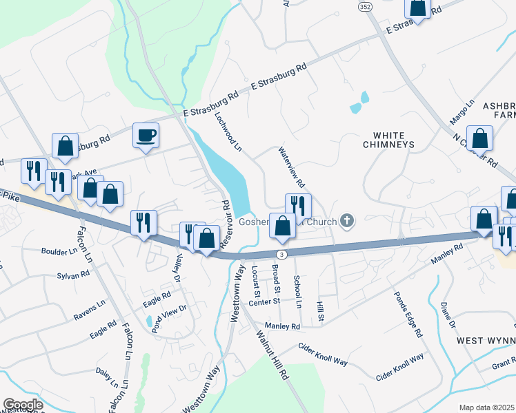 map of restaurants, bars, coffee shops, grocery stores, and more near 28 Lochwood Lane in West Chester