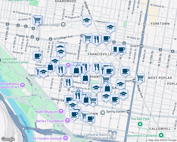 map of restaurants, bars, coffee shops, grocery stores, and more near 731 North Uber Street in Philadelphia