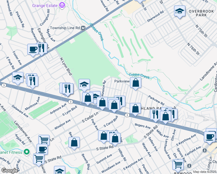 map of restaurants, bars, coffee shops, grocery stores, and more near 200 North Cedar Lane in Delaware County