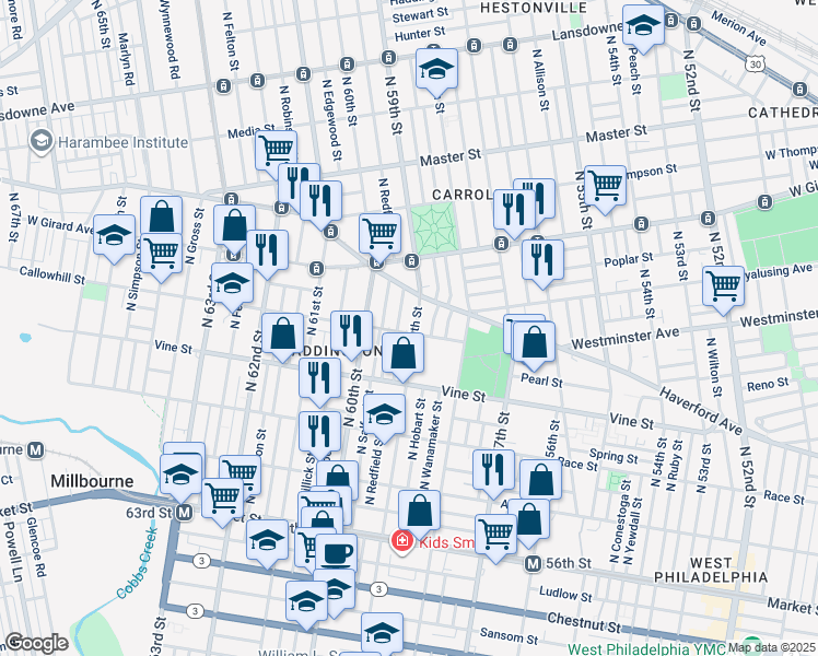 map of restaurants, bars, coffee shops, grocery stores, and more near 402 North 59th Street in Philadelphia