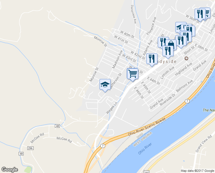 map of restaurants, bars, coffee shops, grocery stores, and more near 450 West 48th Street in Shadyside