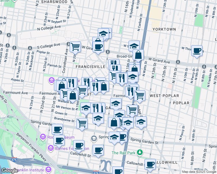 map of restaurants, bars, coffee shops, grocery stores, and more near 1619 Swain Street in Philadelphia
