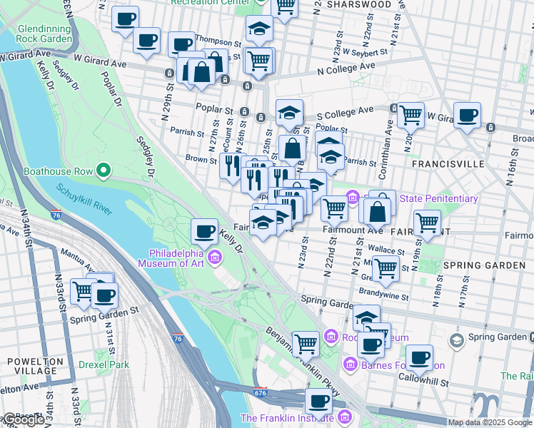 map of restaurants, bars, coffee shops, grocery stores, and more near 2432 Perot Street in Philadelphia