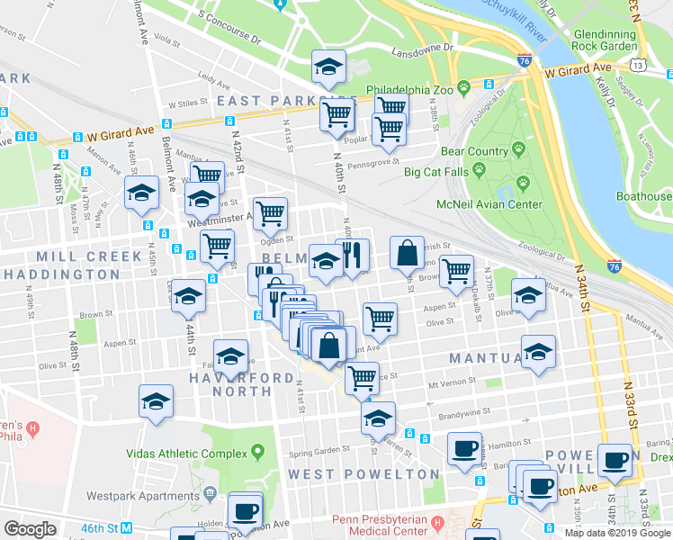 map of restaurants, bars, coffee shops, grocery stores, and more near 819 North Preston Street in Philadelphia