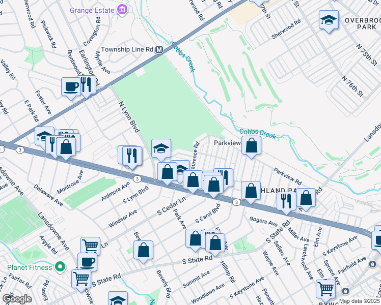 map of restaurants, bars, coffee shops, grocery stores, and more near 106 Academy Lane in Upper Darby