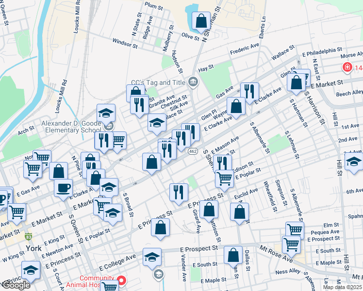 map of restaurants, bars, coffee shops, grocery stores, and more near 28 North Franklin Street in York