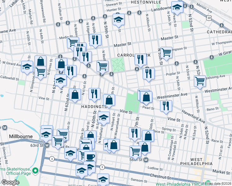 map of restaurants, bars, coffee shops, grocery stores, and more near 3 North 59th Street in Philadelphia