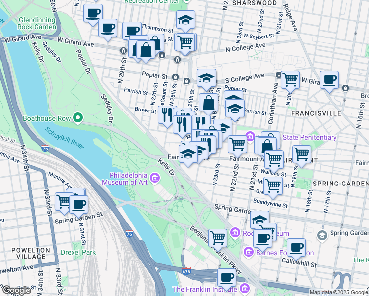 map of restaurants, bars, coffee shops, grocery stores, and more near 2401 Pennsylvania Avenue in Philadelphia
