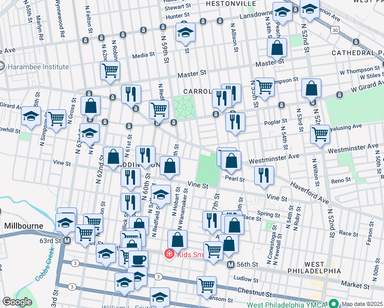 map of restaurants, bars, coffee shops, grocery stores, and more near 413 North Wanamaker Street in Philadelphia