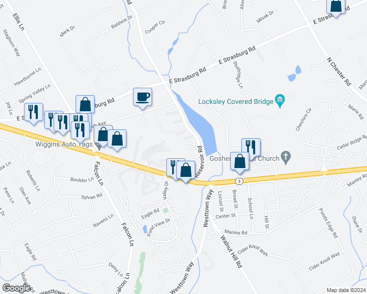 map of restaurants, bars, coffee shops, grocery stores, and more near 12 Reservoir Road in West Chester