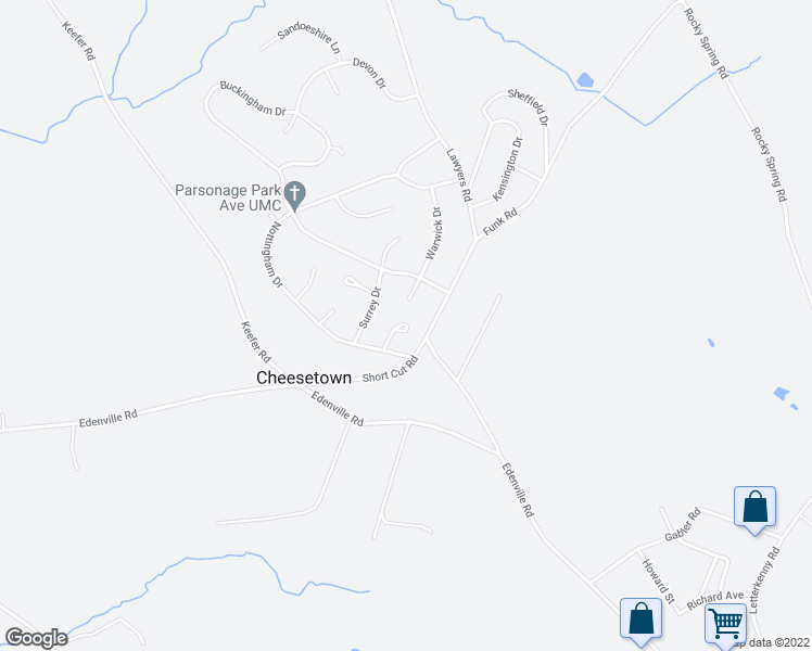 map of restaurants, bars, coffee shops, grocery stores, and more near 18 Eton Court in Chambersburg