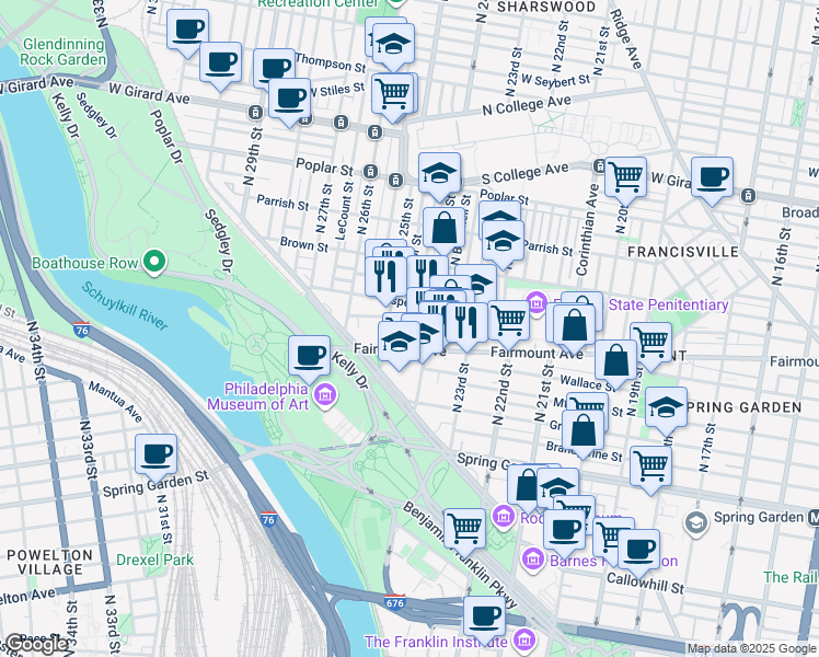 map of restaurants, bars, coffee shops, grocery stores, and more near 2426 Perot Street in Philadelphia