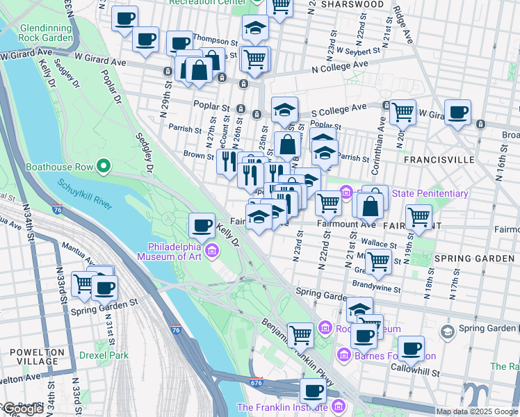 map of restaurants, bars, coffee shops, grocery stores, and more near 2440 Perot Street in Philadelphia