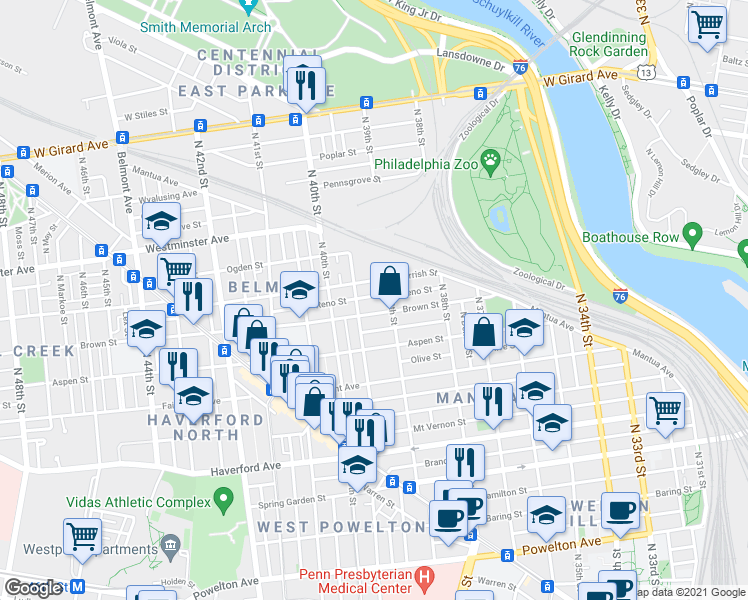 map of restaurants, bars, coffee shops, grocery stores, and more near 3924 Reno Street in Philadelphia