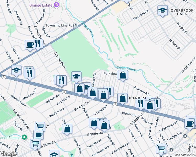 map of restaurants, bars, coffee shops, grocery stores, and more near 200 North Cedar Lane in Delaware County
