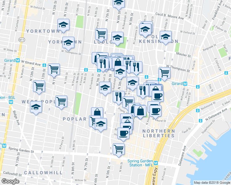 map of restaurants, bars, coffee shops, grocery stores, and more near 946 North 5th Street in Philadelphia