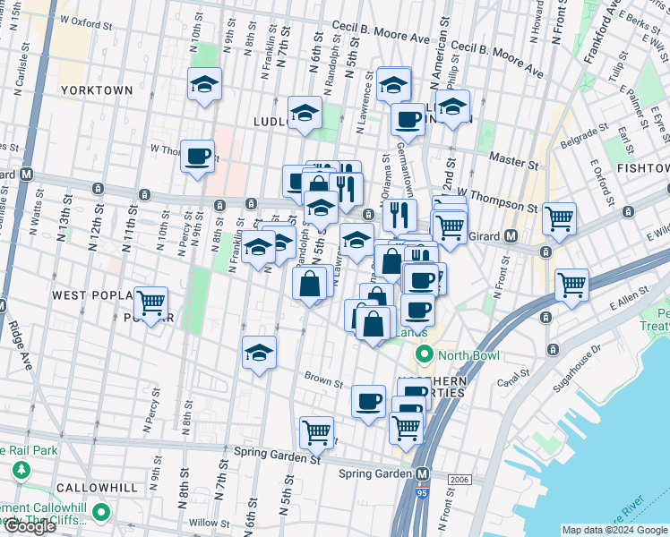 map of restaurants, bars, coffee shops, grocery stores, and more near 980 North Lawrence Street in Philadelphia