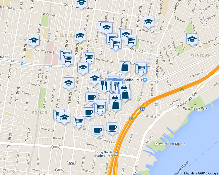 map of restaurants, bars, coffee shops, grocery stores, and more near 1110 North Bodine Street in Philadelphia