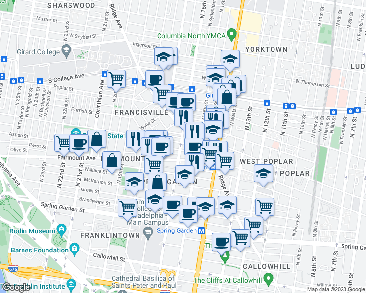map of restaurants, bars, coffee shops, grocery stores, and more near 727 North 16th Street in Philadelphia