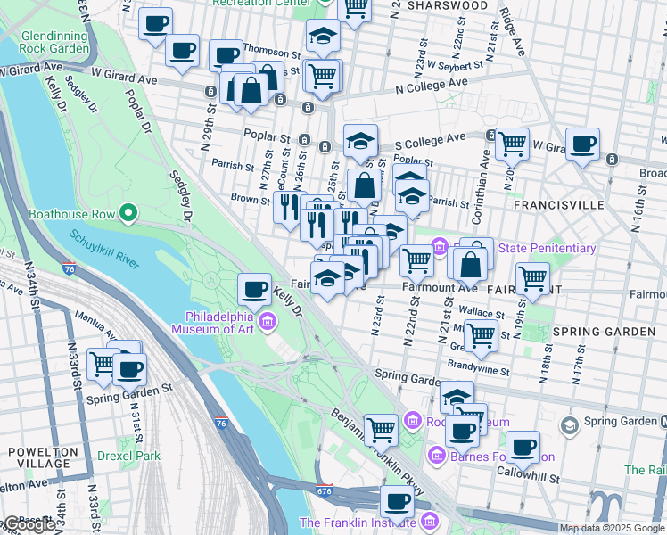 map of restaurants, bars, coffee shops, grocery stores, and more near 2432 Perot Street in Philadelphia