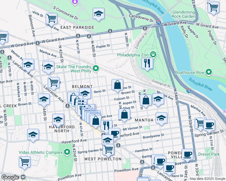 map of restaurants, bars, coffee shops, grocery stores, and more near 3922 Reno Street in Philadelphia