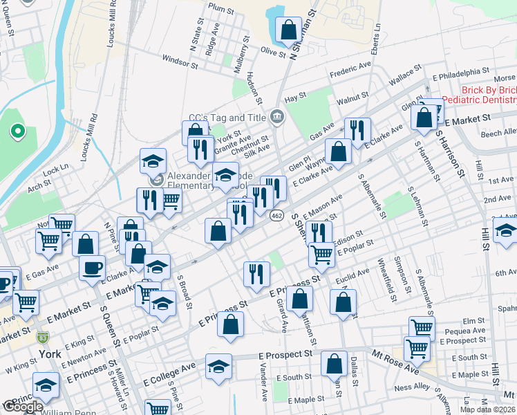 map of restaurants, bars, coffee shops, grocery stores, and more near 651 East Market Street in York