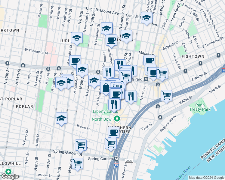 map of restaurants, bars, coffee shops, grocery stores, and more near 1102 North American Street in Philadelphia
