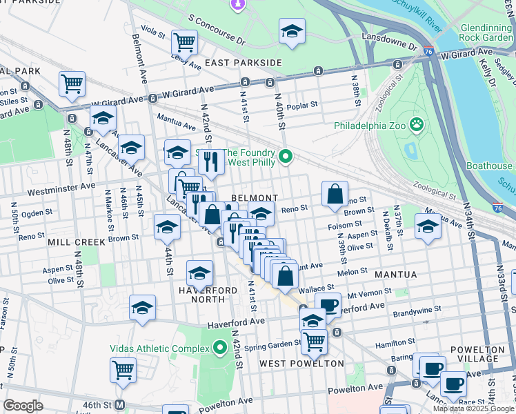 map of restaurants, bars, coffee shops, grocery stores, and more near 827 North 41st Street in Philadelphia