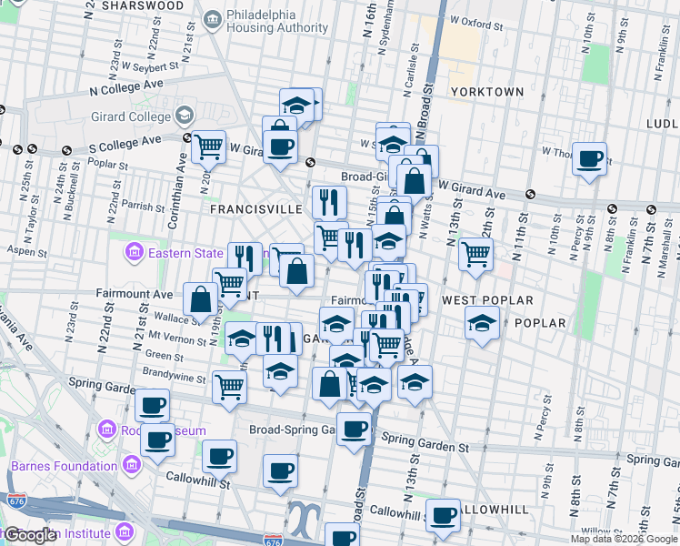 map of restaurants, bars, coffee shops, grocery stores, and more near 1522 Brown Street in Philadelphia
