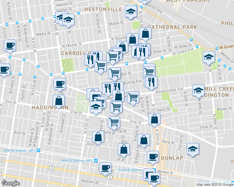 map of restaurants, bars, coffee shops, grocery stores, and more near 511 North 55th Street in Philadelphia