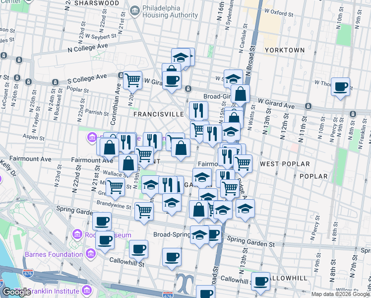 map of restaurants, bars, coffee shops, grocery stores, and more near 711 North 17th Street in Philadelphia