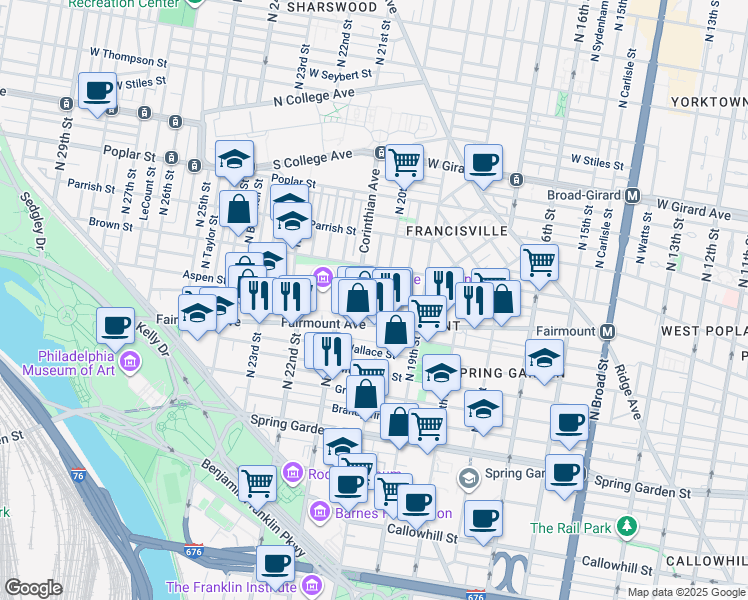 map of restaurants, bars, coffee shops, grocery stores, and more near 721 North Capitol Street in Philadelphia