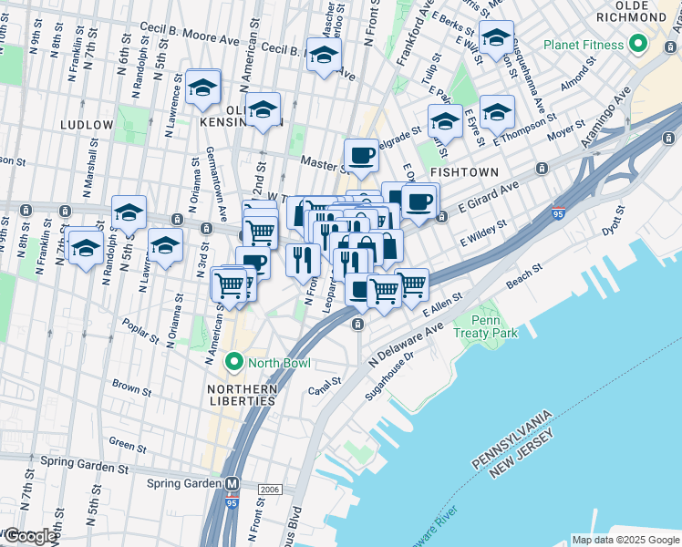 map of restaurants, bars, coffee shops, grocery stores, and more near 1134 Dunton Street in Philadelphia