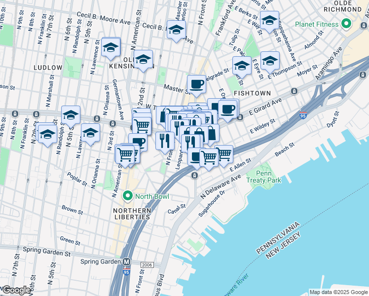map of restaurants, bars, coffee shops, grocery stores, and more near 1134 Dunton Street in Philadelphia