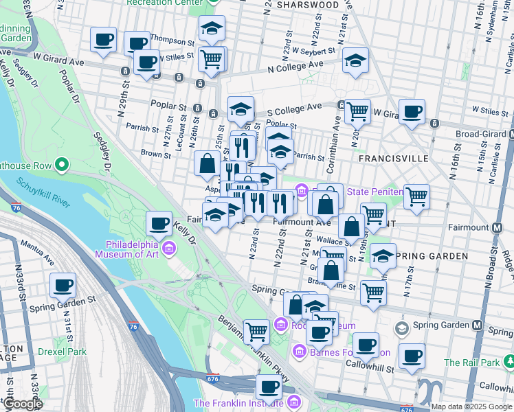map of restaurants, bars, coffee shops, grocery stores, and more near 710 North 23rd Street in Philadelphia