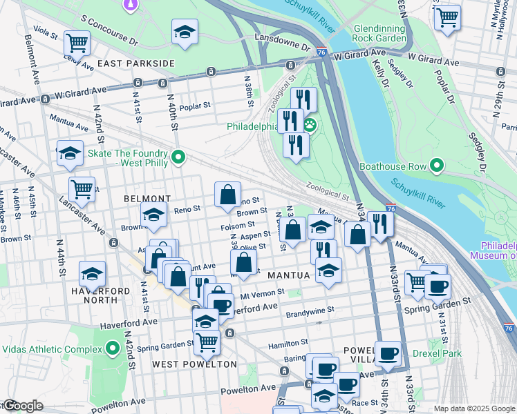 map of restaurants, bars, coffee shops, grocery stores, and more near 3801 Brown Street in Philadelphia