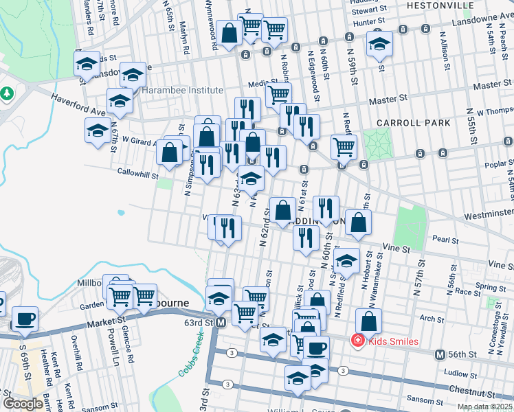 map of restaurants, bars, coffee shops, grocery stores, and more near 339 North Felton Street in Philadelphia