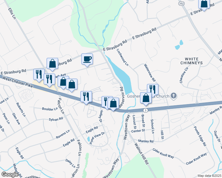 map of restaurants, bars, coffee shops, grocery stores, and more near 12 Reservoir Road in West Chester