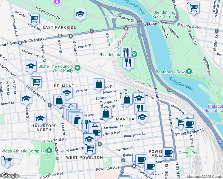 map of restaurants, bars, coffee shops, grocery stores, and more near 3801 Brown Street in Philadelphia