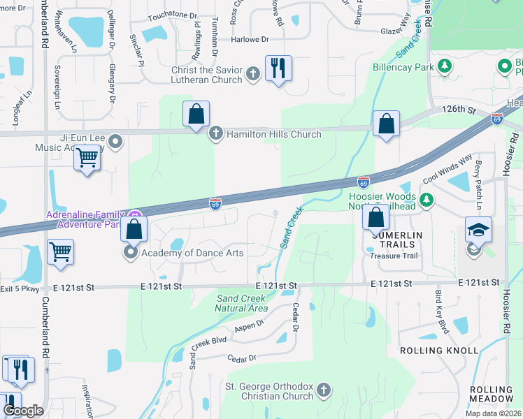 map of restaurants, bars, coffee shops, grocery stores, and more near 10514 Blue Springs Lane in Fishers