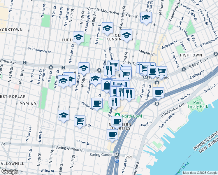 map of restaurants, bars, coffee shops, grocery stores, and more near 1110 North Bodine Street in Philadelphia