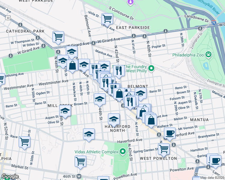 map of restaurants, bars, coffee shops, grocery stores, and more near 827 North Hutton Street in Philadelphia