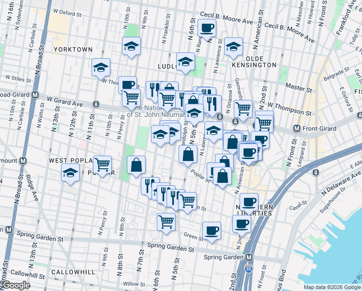 map of restaurants, bars, coffee shops, grocery stores, and more near 944 North Randolph Street in Philadelphia