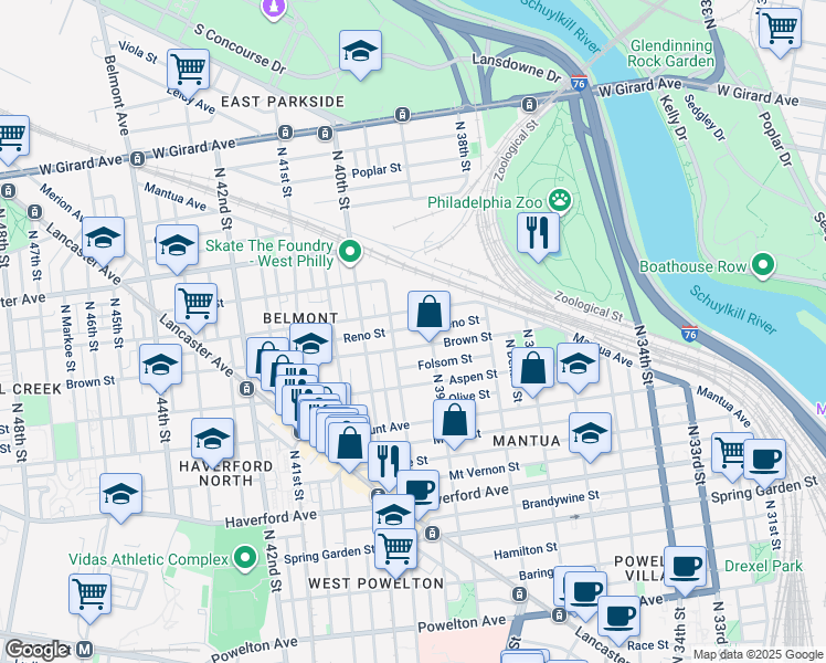 map of restaurants, bars, coffee shops, grocery stores, and more near 3922 Reno Street in Philadelphia