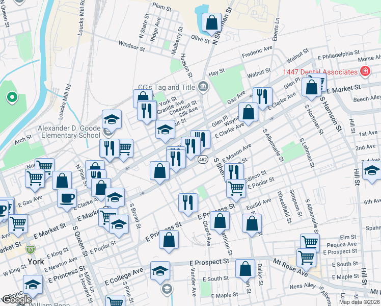 map of restaurants, bars, coffee shops, grocery stores, and more near 651 East Market Street in York