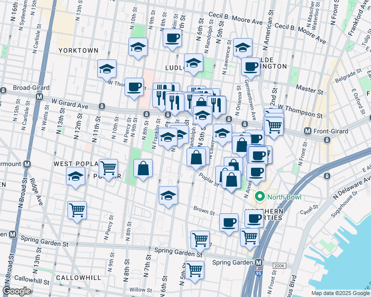 map of restaurants, bars, coffee shops, grocery stores, and more near 937 North 6th Street in Philadelphia