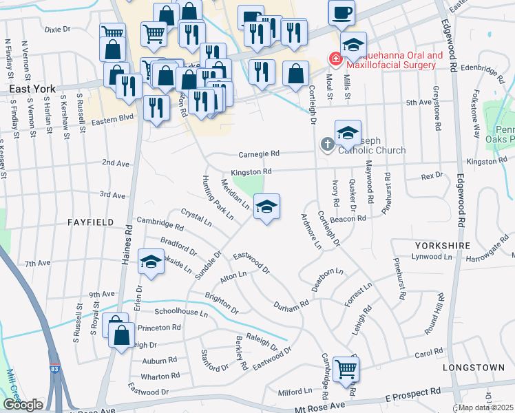 map of restaurants, bars, coffee shops, grocery stores, and more near 455 Sundale Drive in York